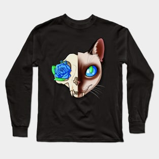 Blue Rose Cat Skull Long Sleeve T-Shirt